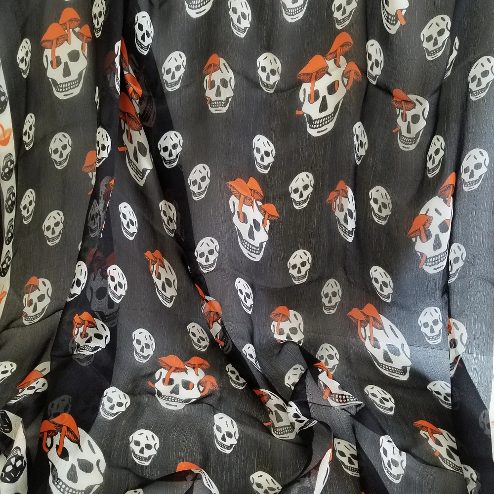 Alexander McQueen Mushroom & Skull Motifs Silk Scarf Black Orange